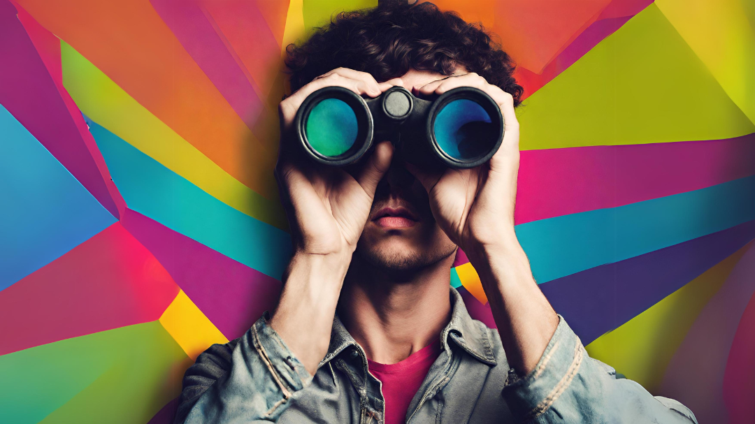 A person looking through binoculars on a multiple colours background, to illustrate ARAISA hiring. 