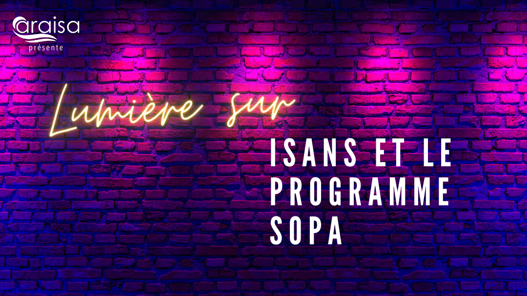 Neon sign on a brick wall saying Spotlight on and below in another font it says ISANS AND THE SOPA PROGRAM