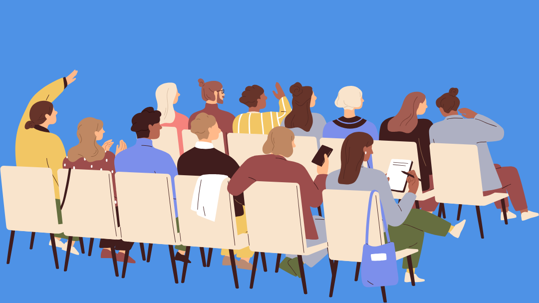 Illustration of a group of people on chairs, attending a conference.