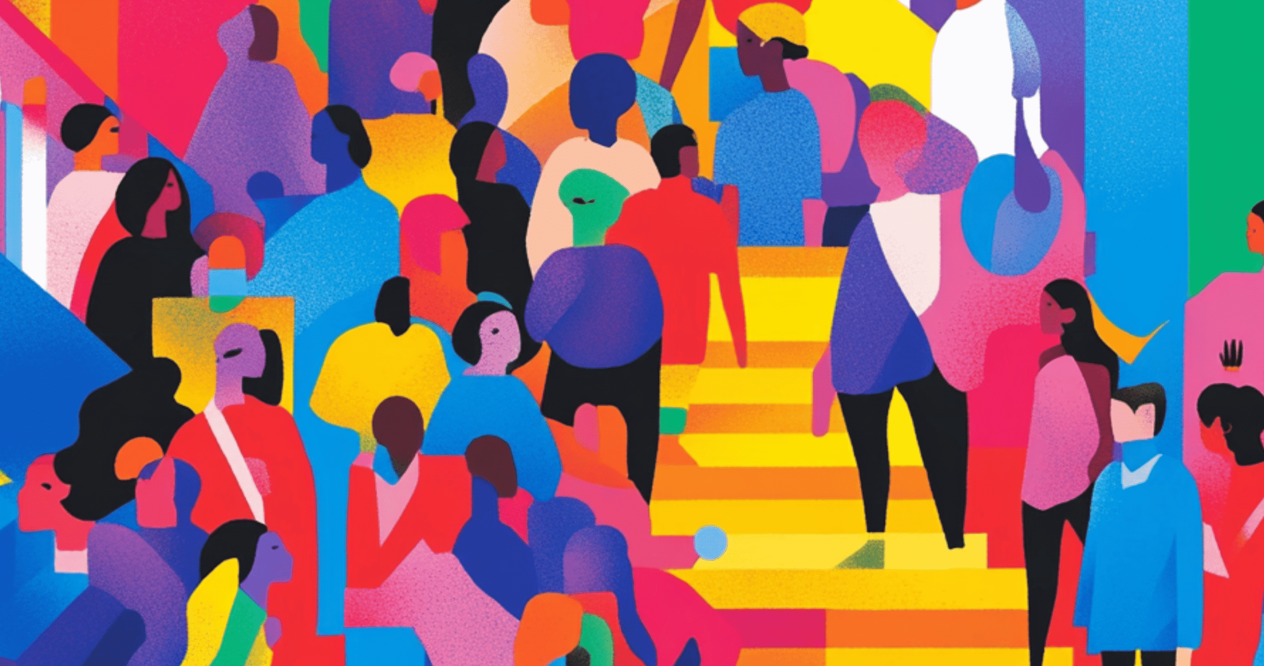 Colourful illustration feature many diverse people.